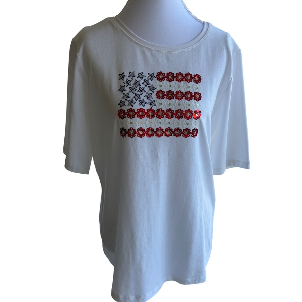 Chico's White Short Sleeve Tee with Red & Black Floral Flag